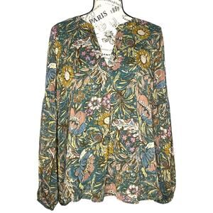 Beacon Apparel SMALL Floral Patterned Shiny Thread Detail Split Neck Blouse Top
